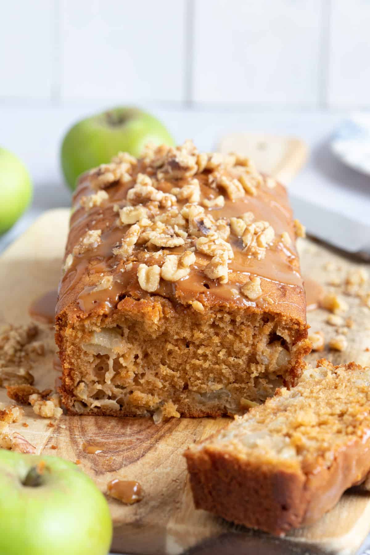 Bramley apple loaf cake with a caramel drizzle.