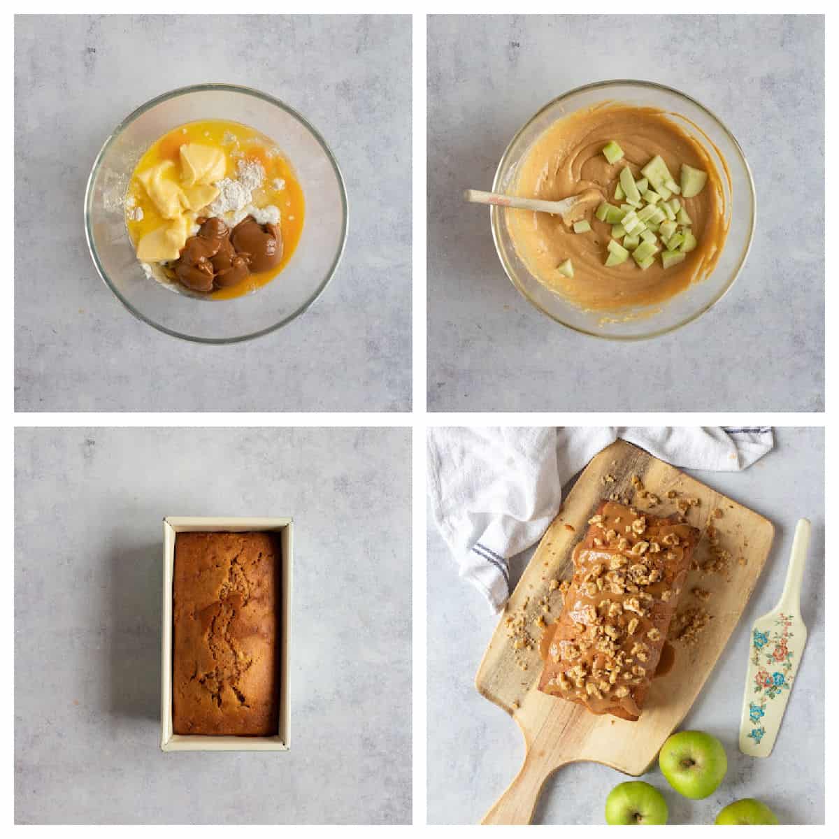 Step by step photo instructions for making apple loaf cake.