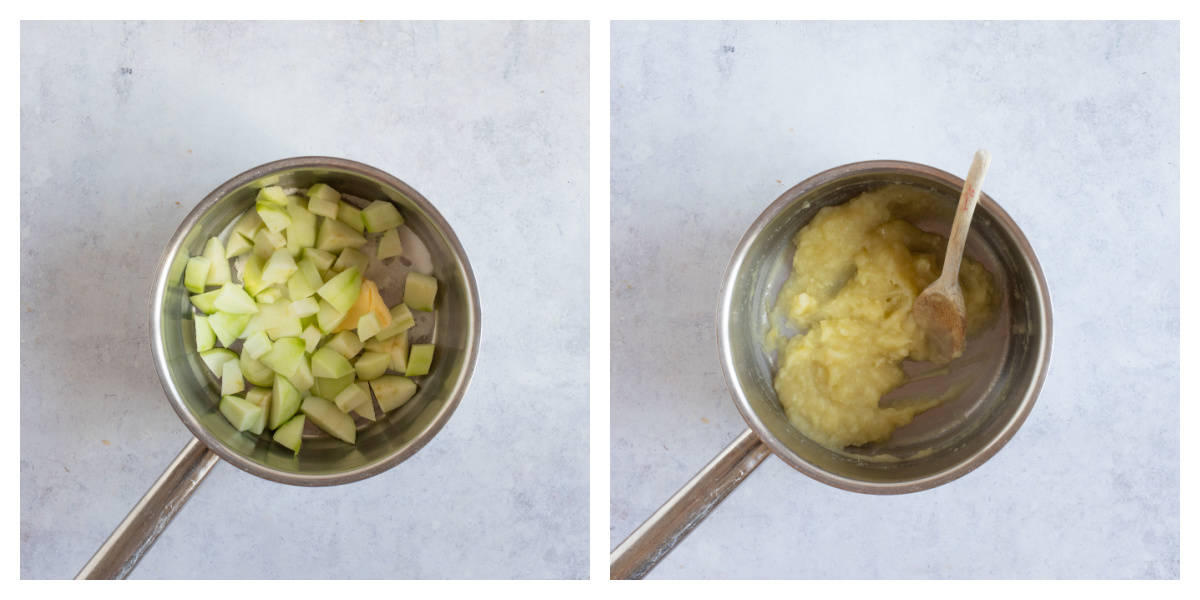 Bramley apples in a saucepan.