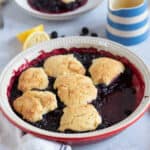 Blackberry cobbler in a baking dish.