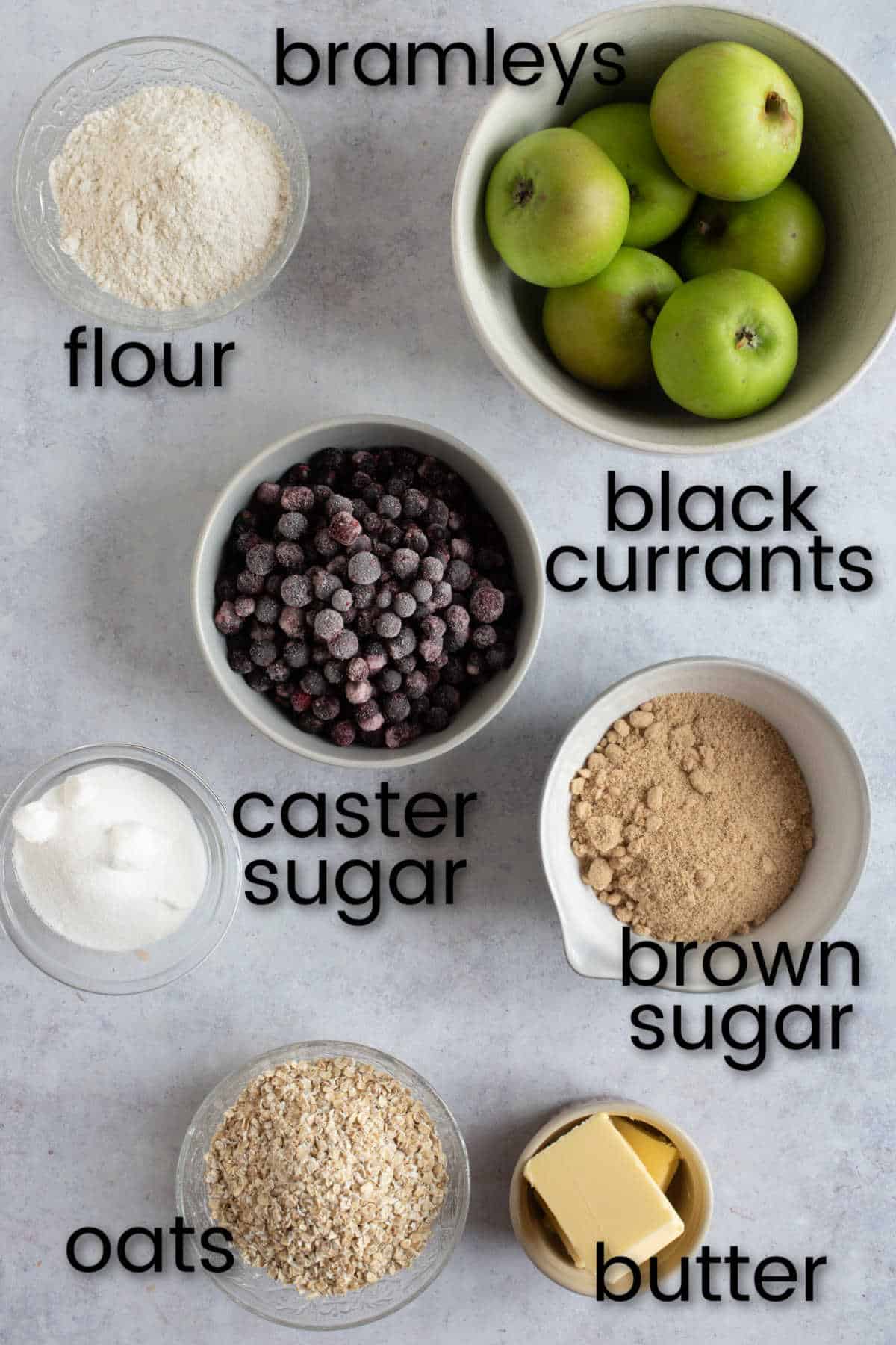 Ingredients for blackcurrant crumble.