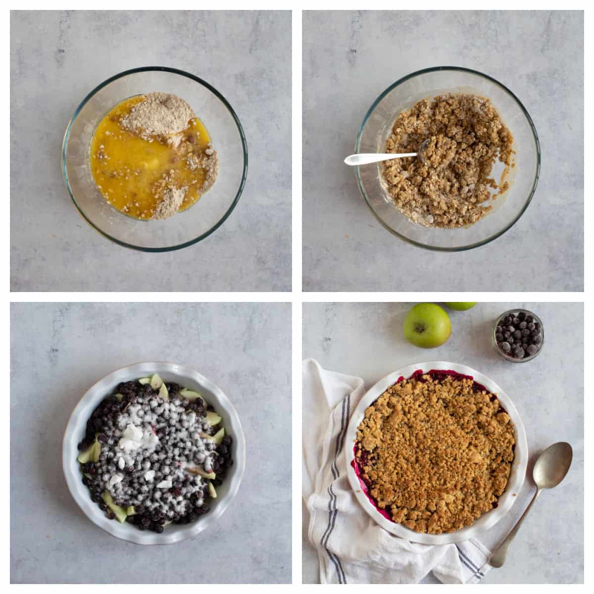Step by step photo instructions for making blackcurrant apple crumble.