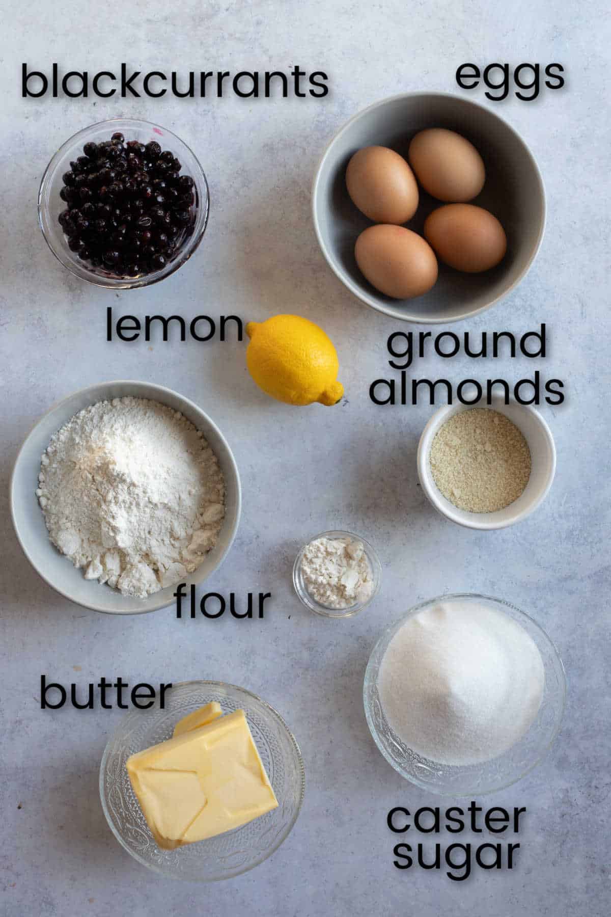 Ingredients for blackcurrant loaf cake.