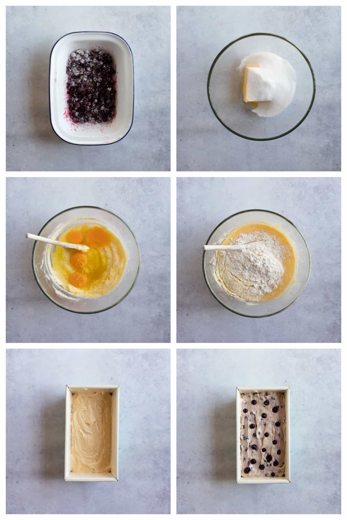 Step-by-step photo instructions collage for making blackcurrant cake.