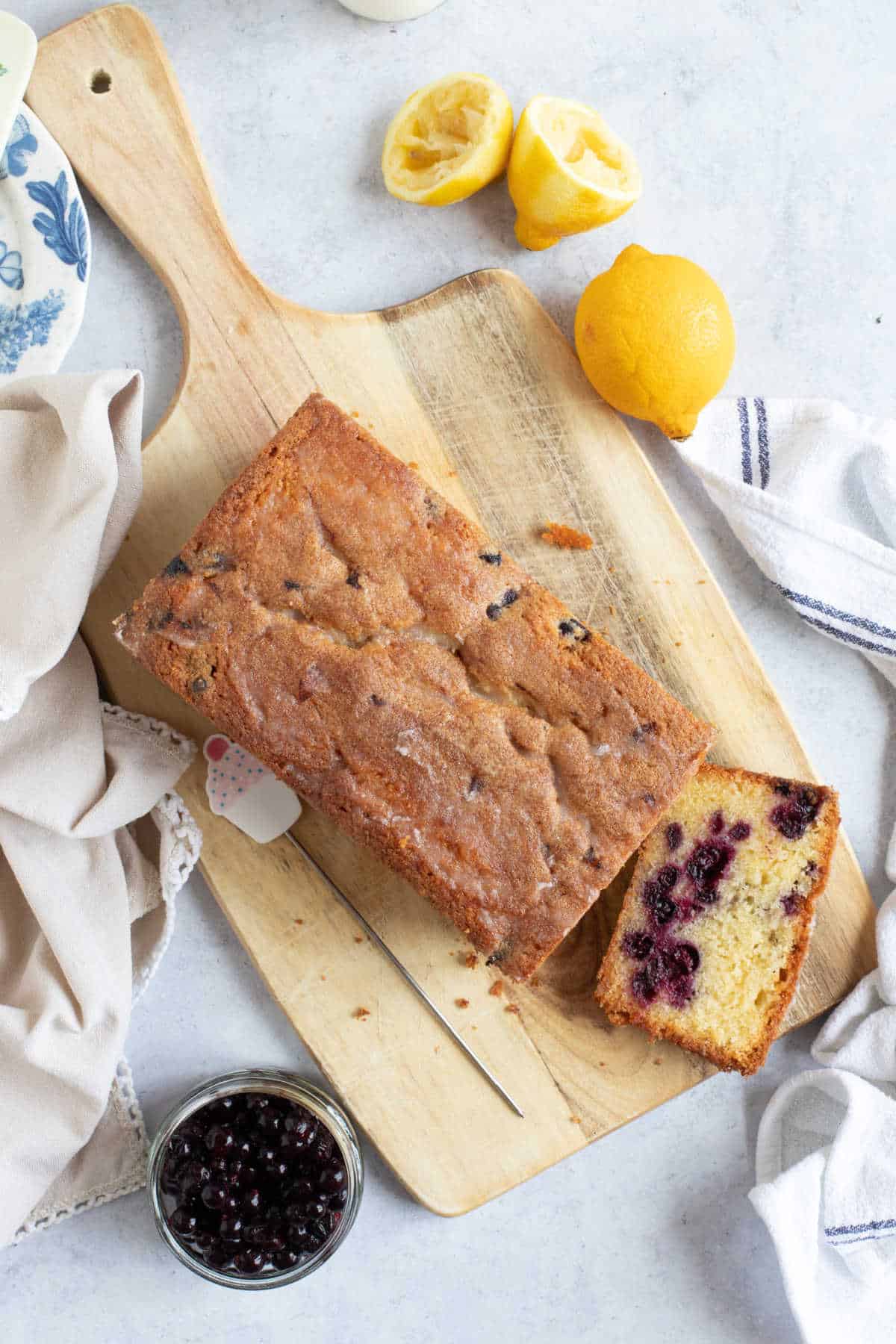 Blackcurrant cake with a lemon drizzle topping.