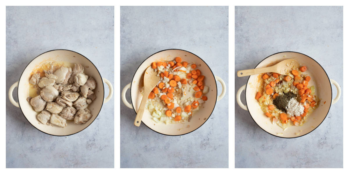 Making chicken stew in a large casserole pan.