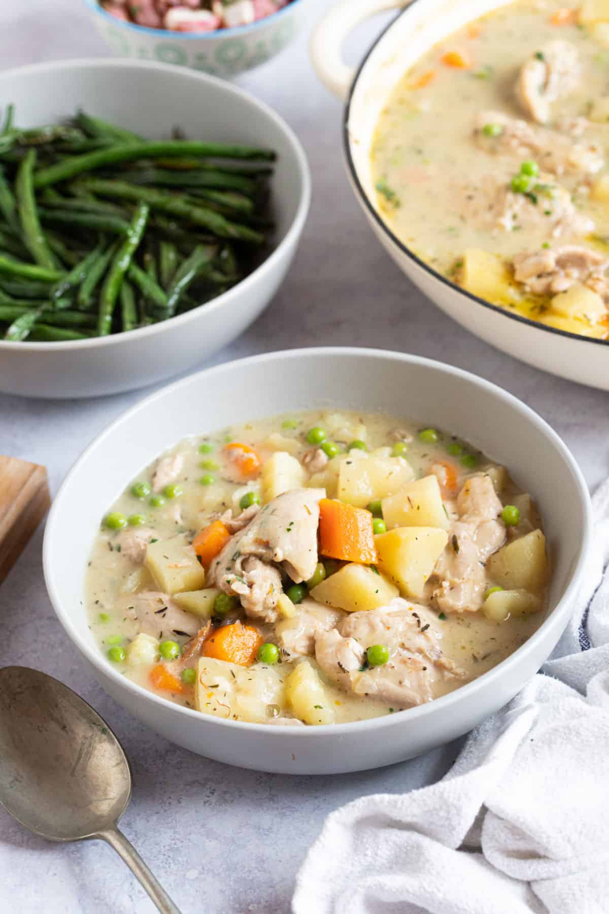 A bowl of chicken and vegetable stew.