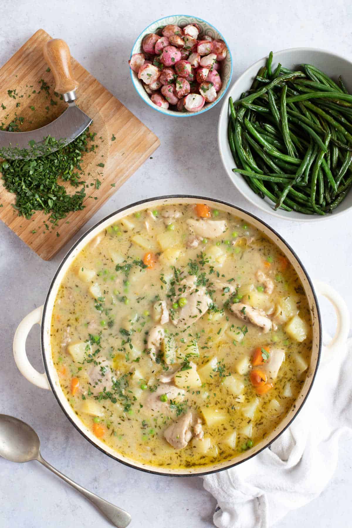 A pan of chicken and vegetable stew.