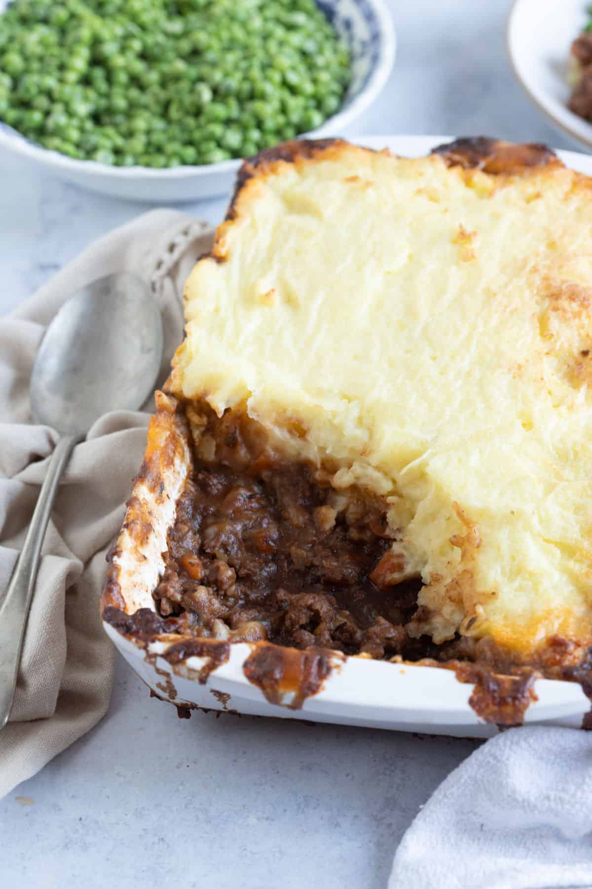 Traditional cottage pie in a baking dish.