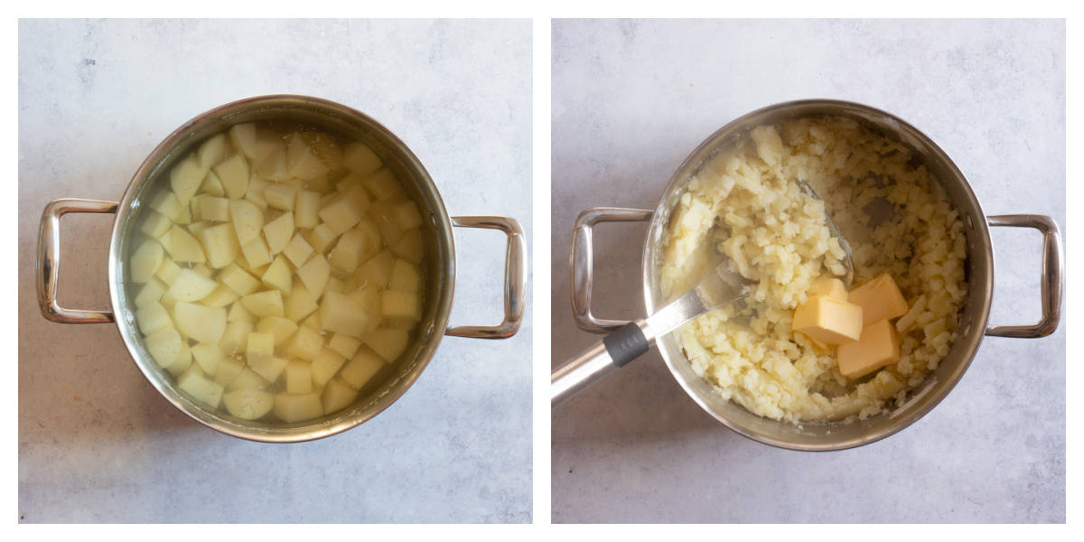 mashing potatoes in a saucepan.