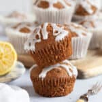 Two gingerbread muffins in a stack.