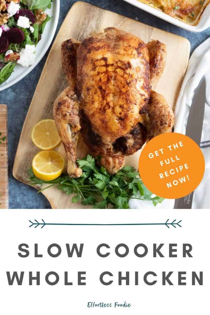 Slow cooker whole chicken pin image.