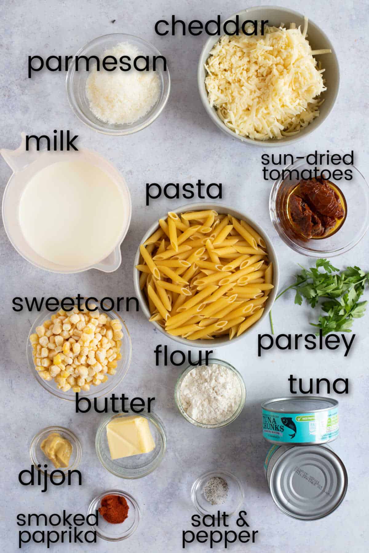 Ingredients for tuna pasta bake.