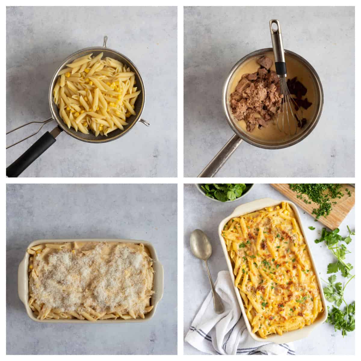 Assembling tuna pasta bake into a baking dish.