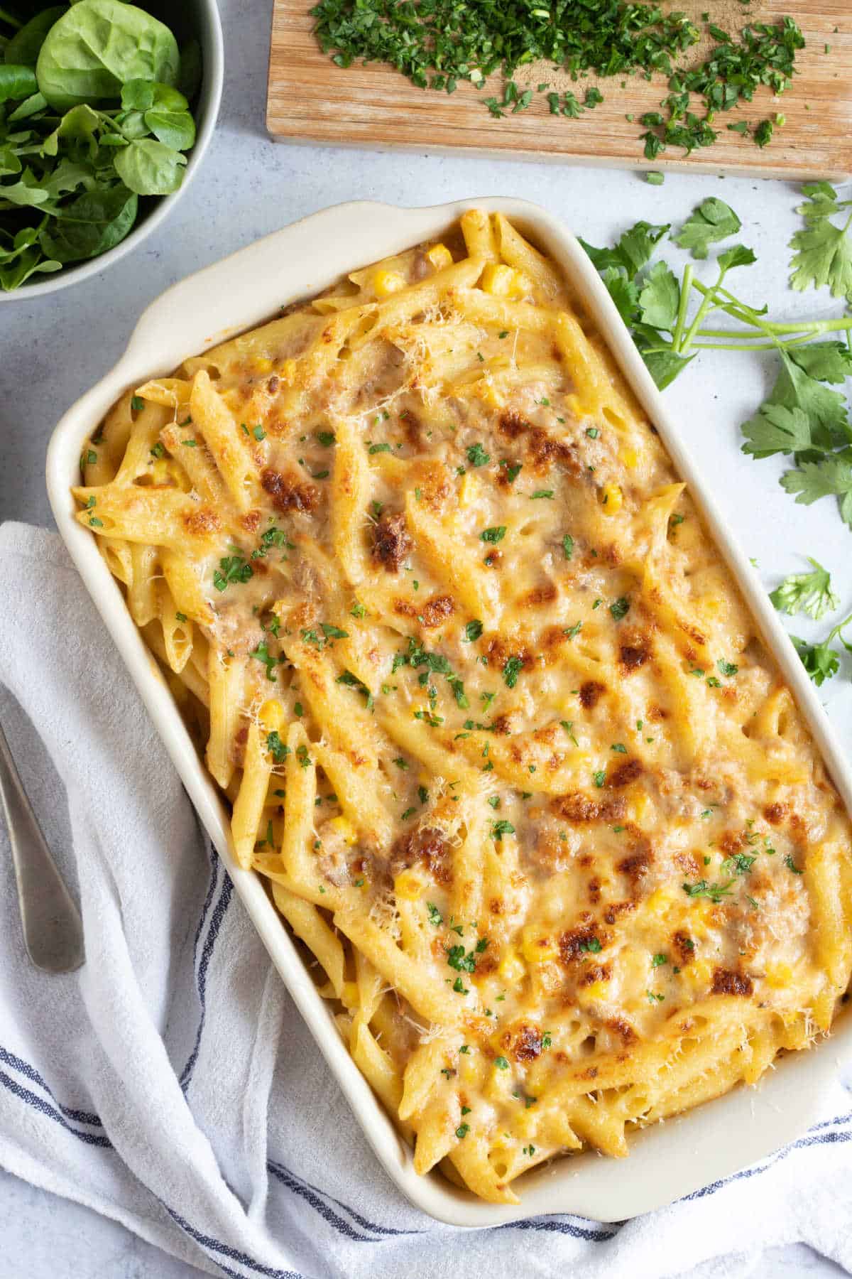 Tuna pasta bake in a baking dish.