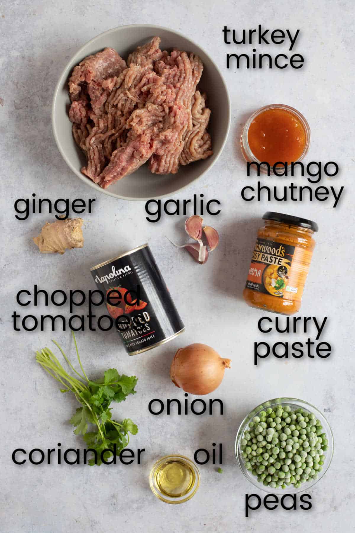 Ingredients for turkey mince curry.