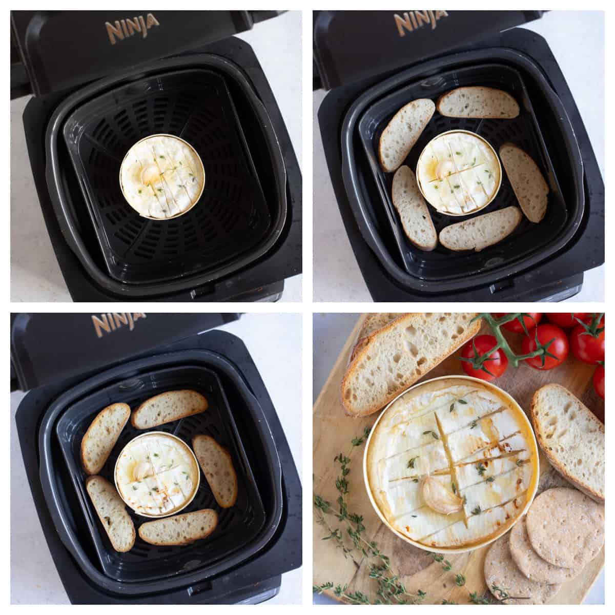 Whole Camembert in air fryer basket.