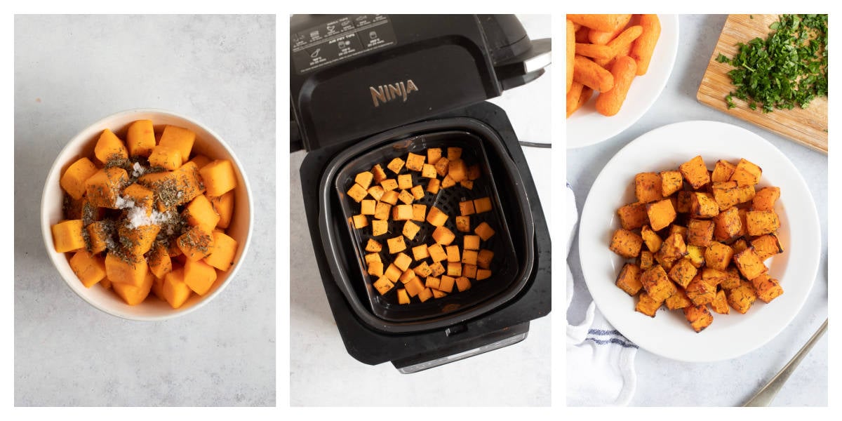 Butternut squash cubes in Ninja Foodi air fryer.