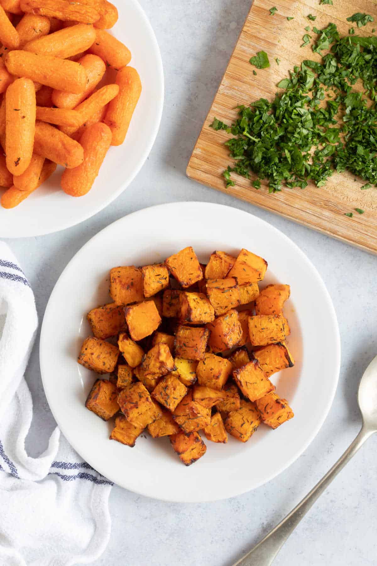 Air fried butternut squash with thyme.