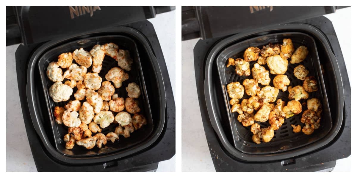 Cauliflower florets in air fryer basket.