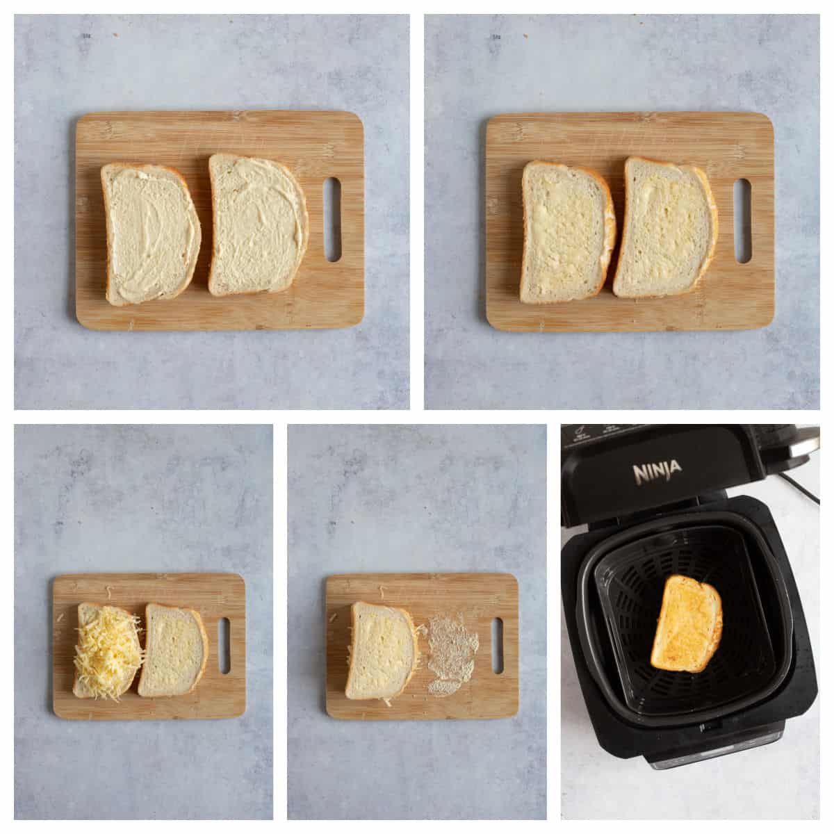 Step by step photo instructions for making a cheese toastie in an air fryer.