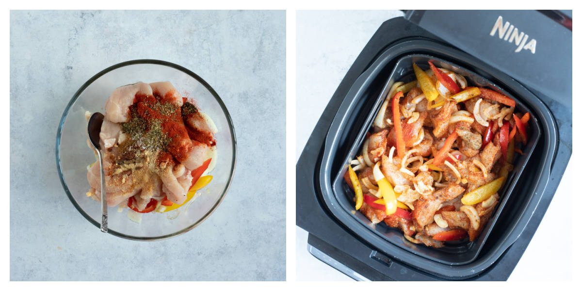 Chicken and peppers in a Ninja air fryer.
