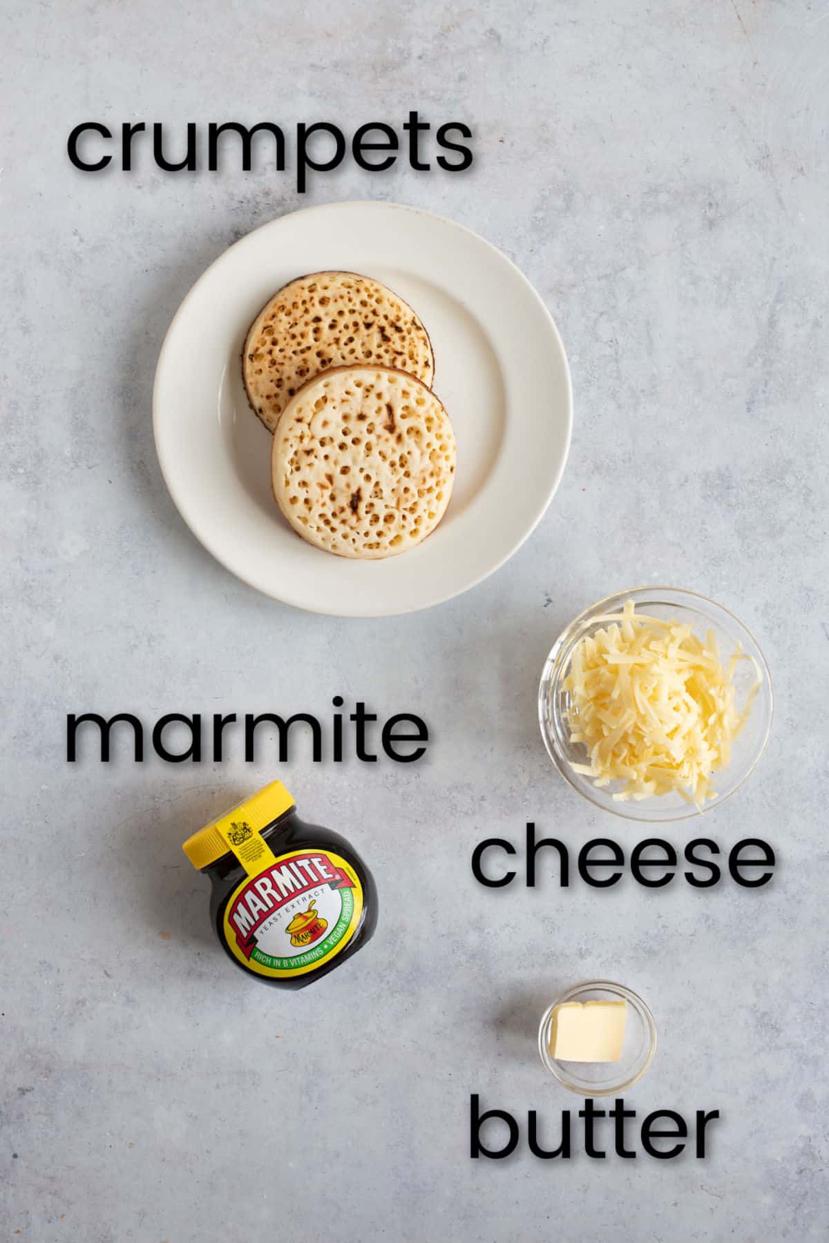 Ingredients for cheesy air fryer crumpets.