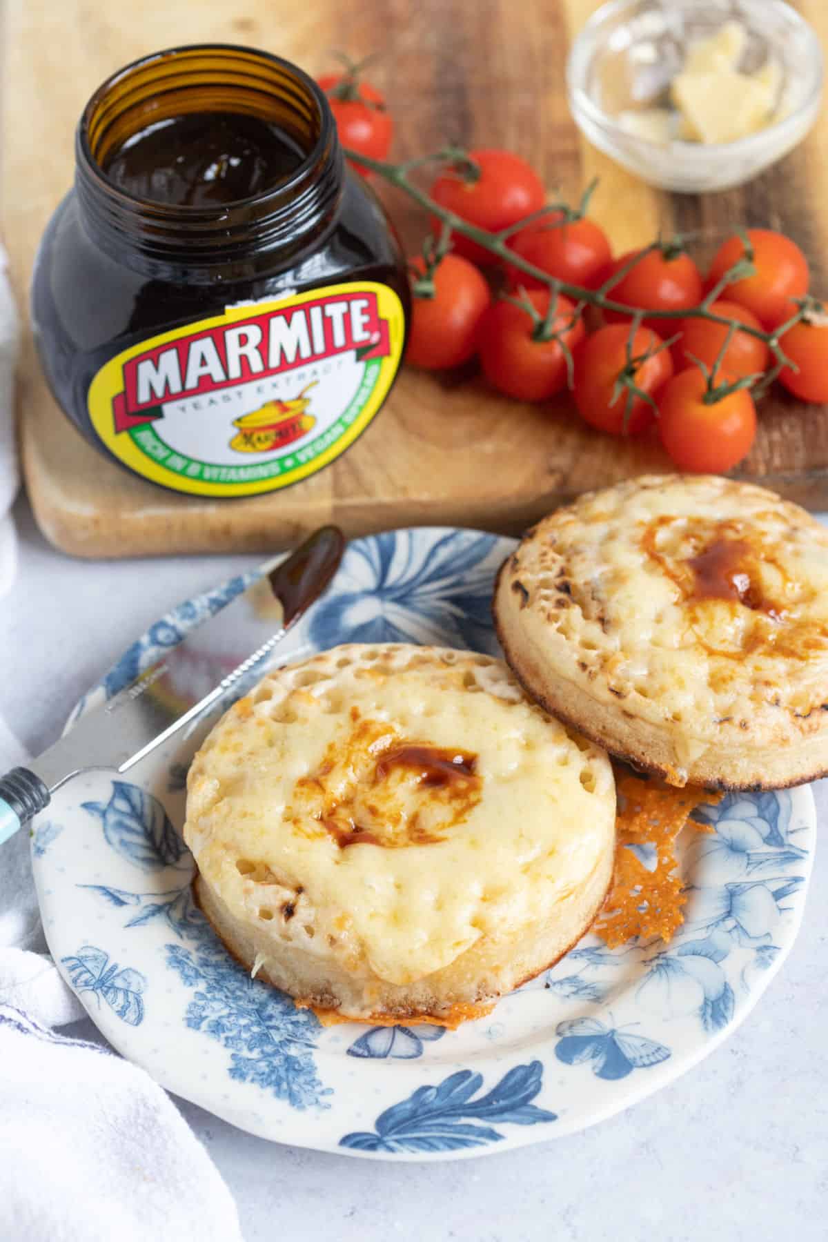Air crumpets with melted cheese and marmite.