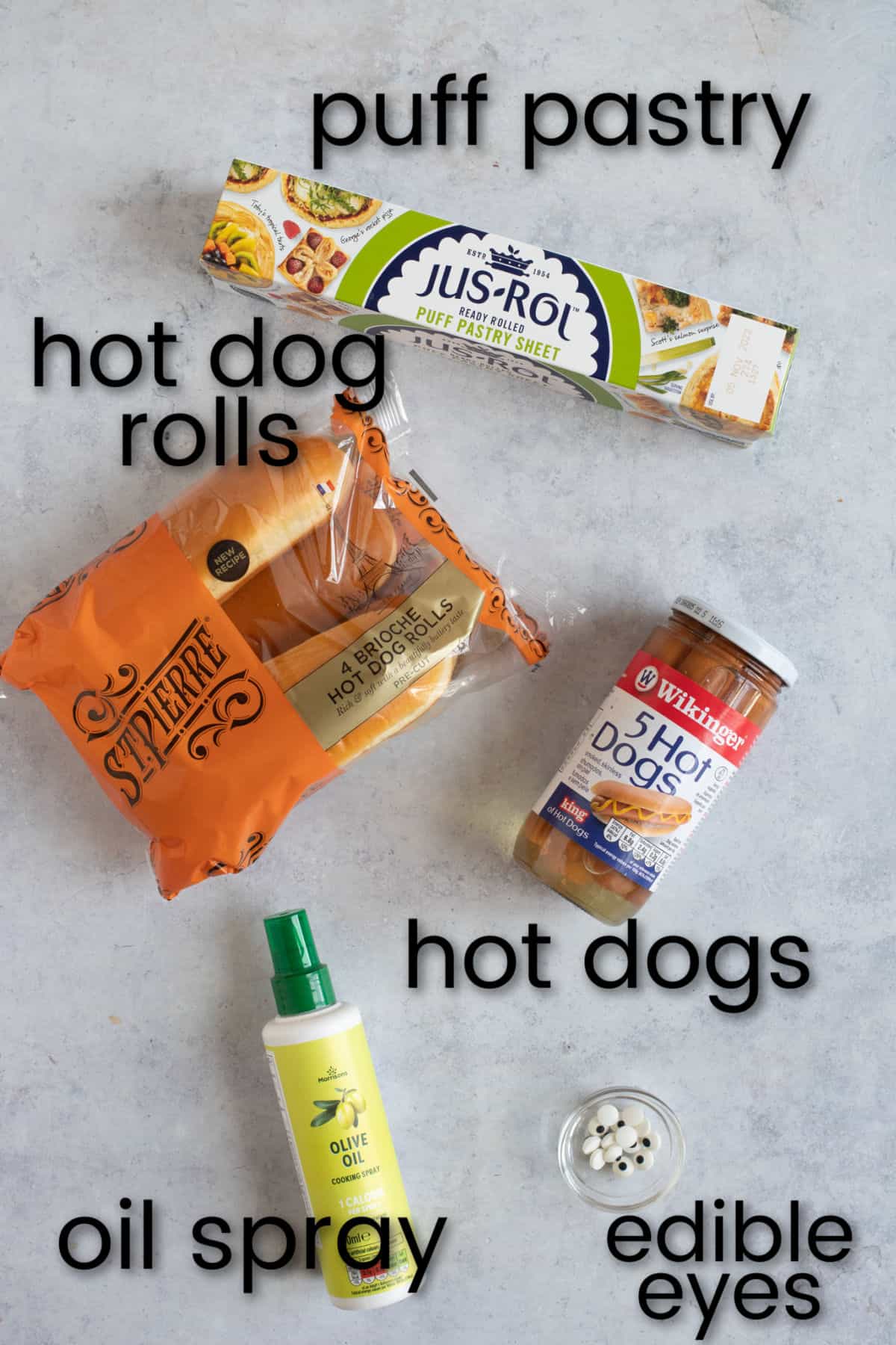 Ingredients for air fryer mummy dogs.