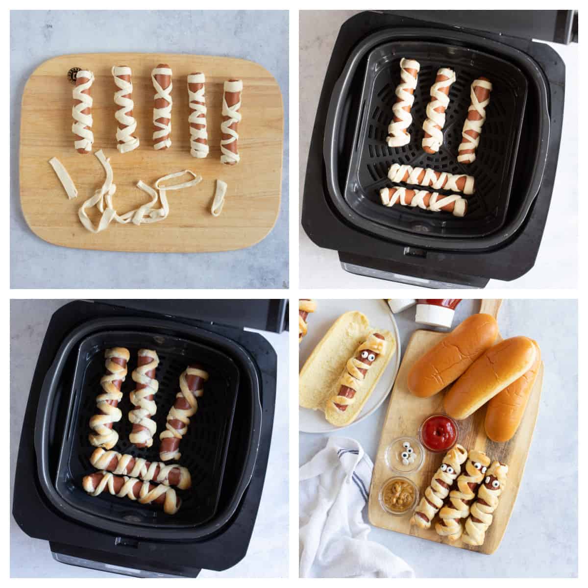 Making mummy dogs for Halloween in an air fryer.