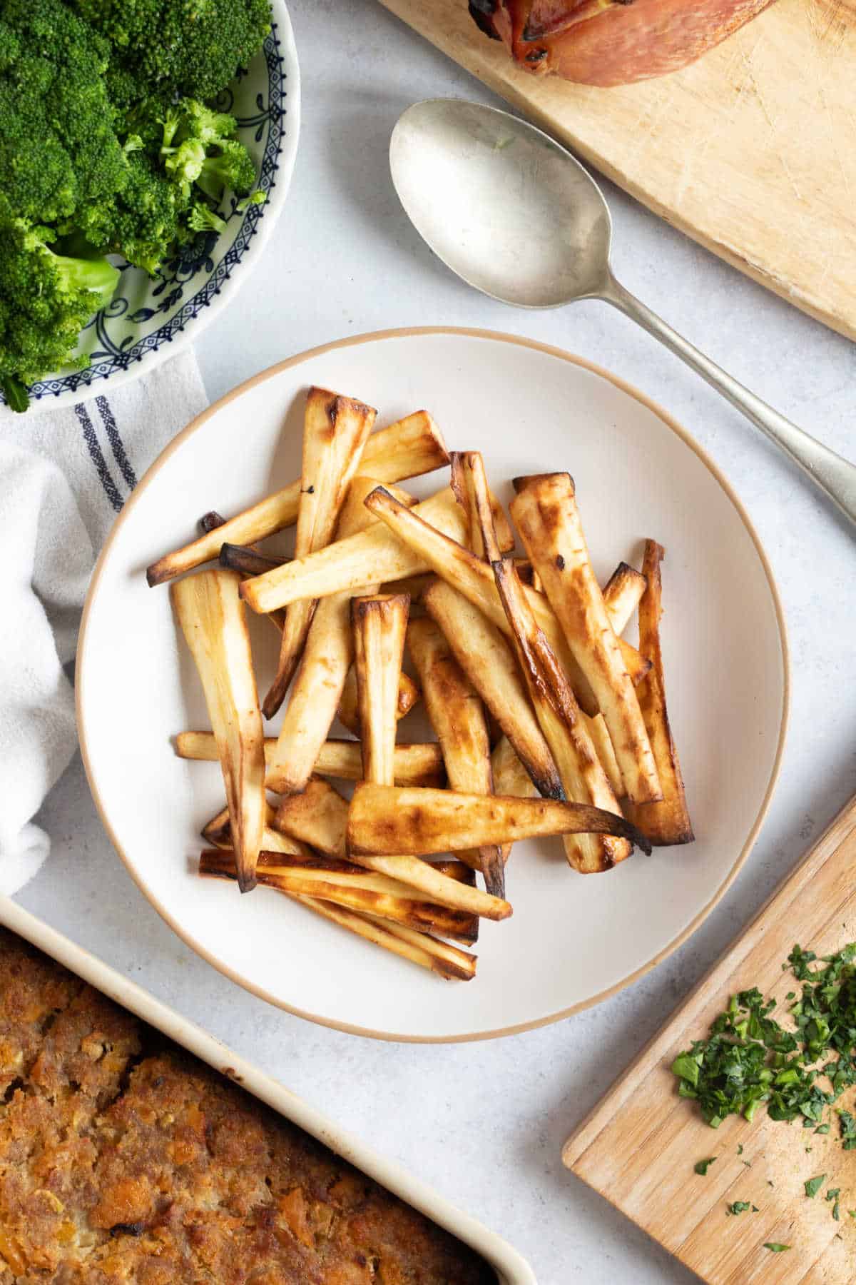 A plate of air fried parsnips.