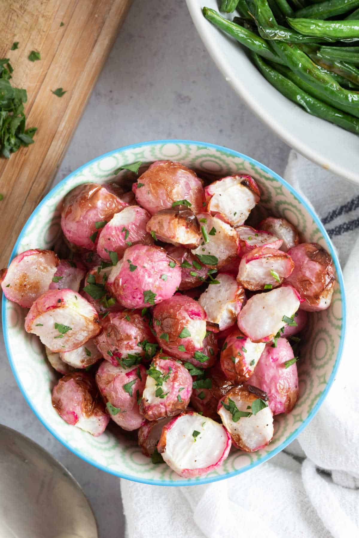 A bowl of roasted air fryer radishes.