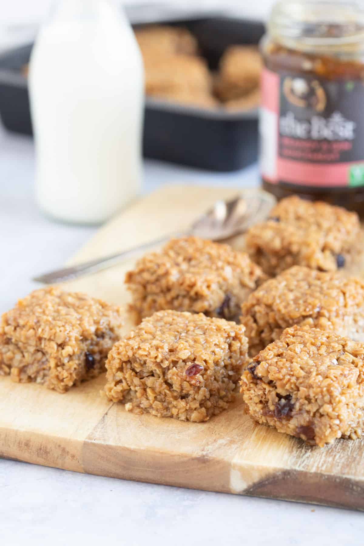 Mincemeat flapjacks bars on a wooden board.