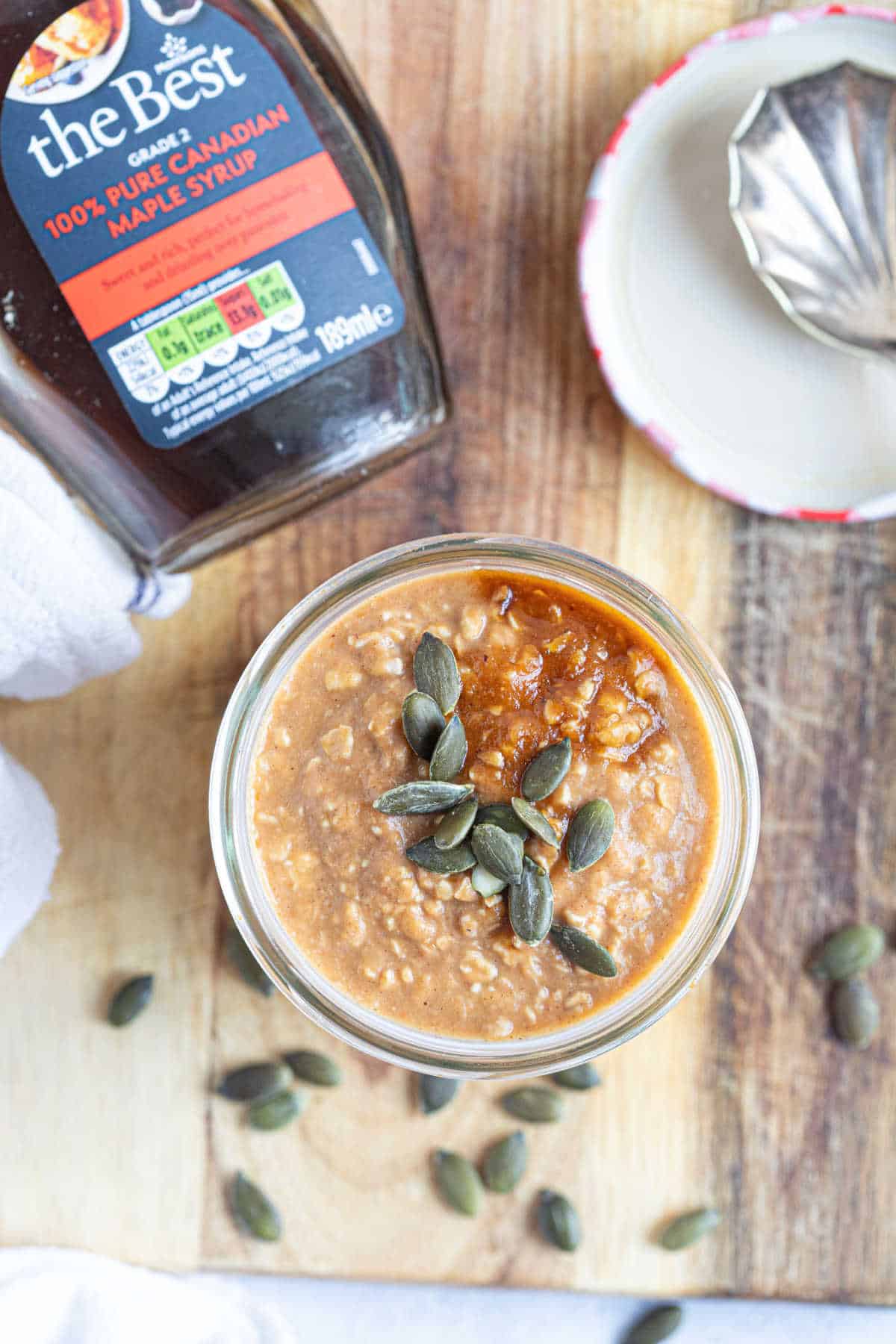 Pumpkin overnight oats with maple syrup.