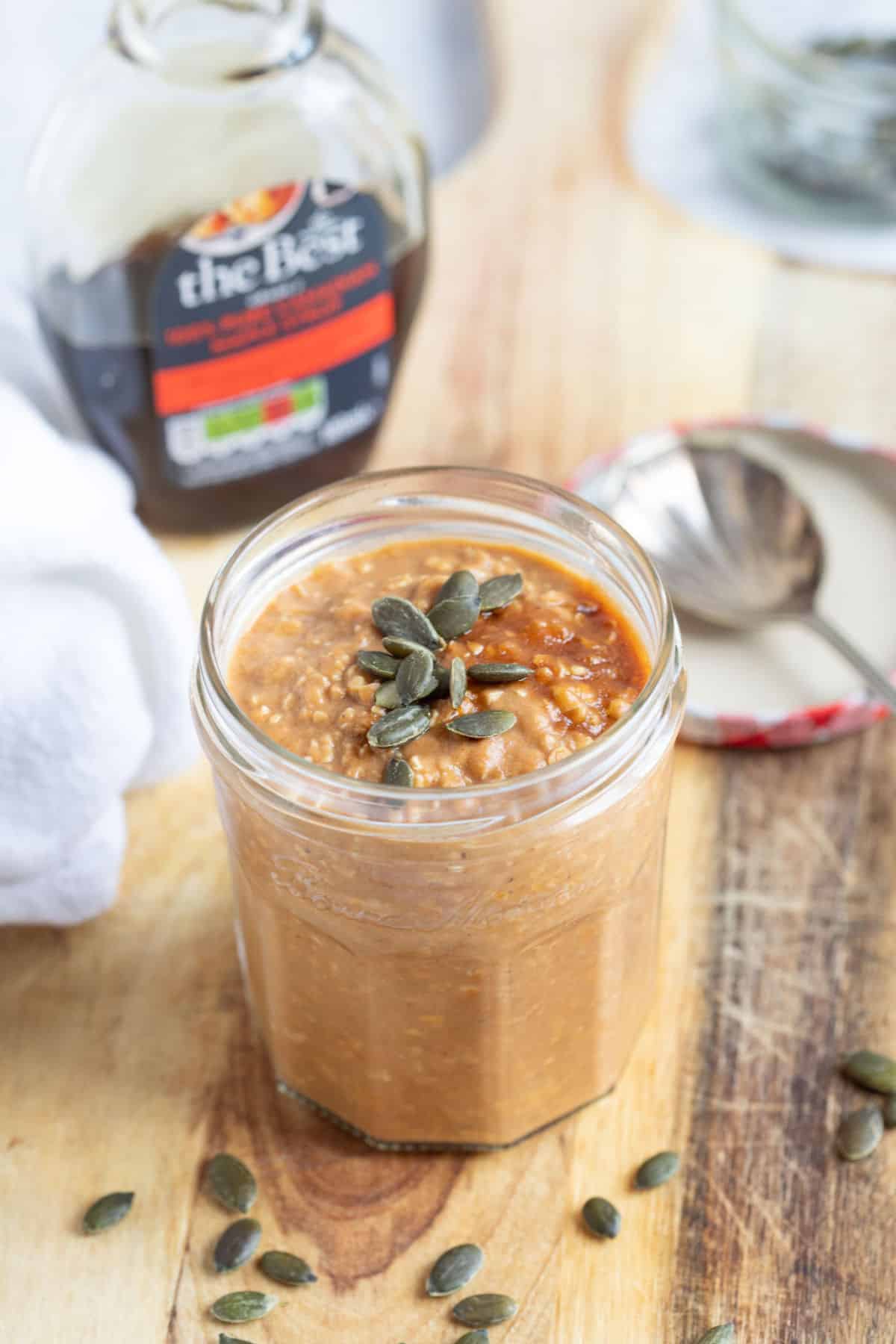 A jar of pumpkin overnight oats.