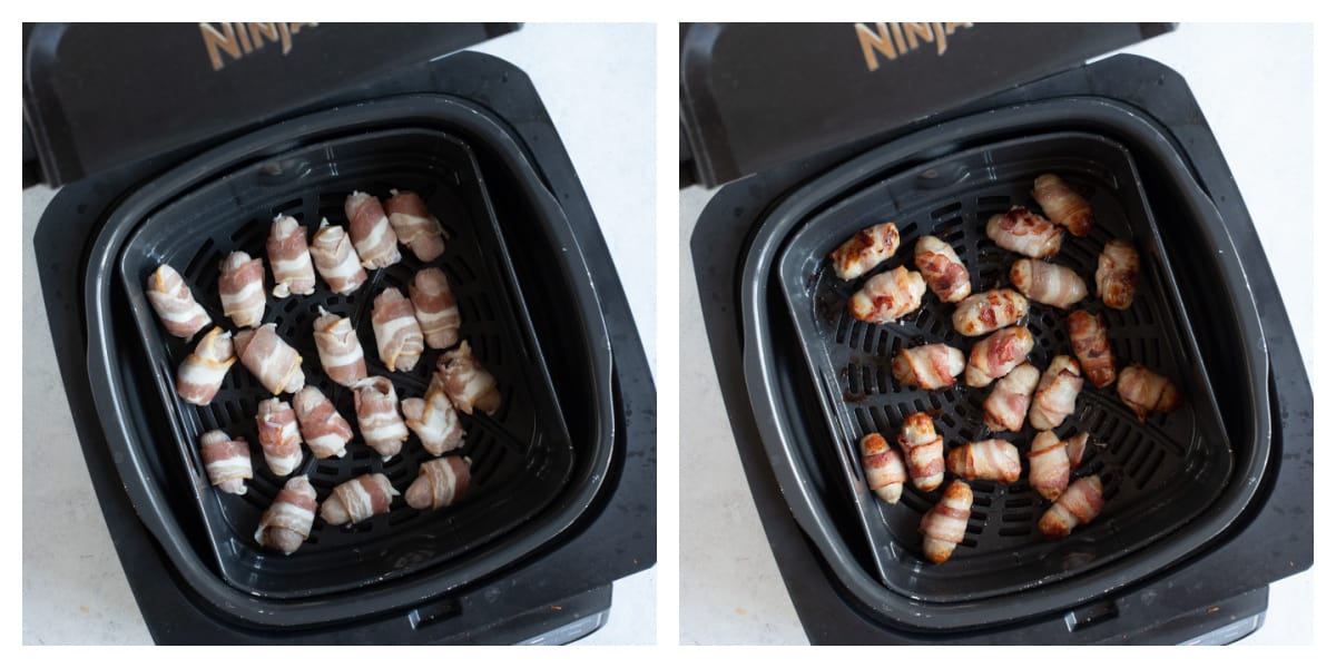 Pigs in blankets in air fryer basket.