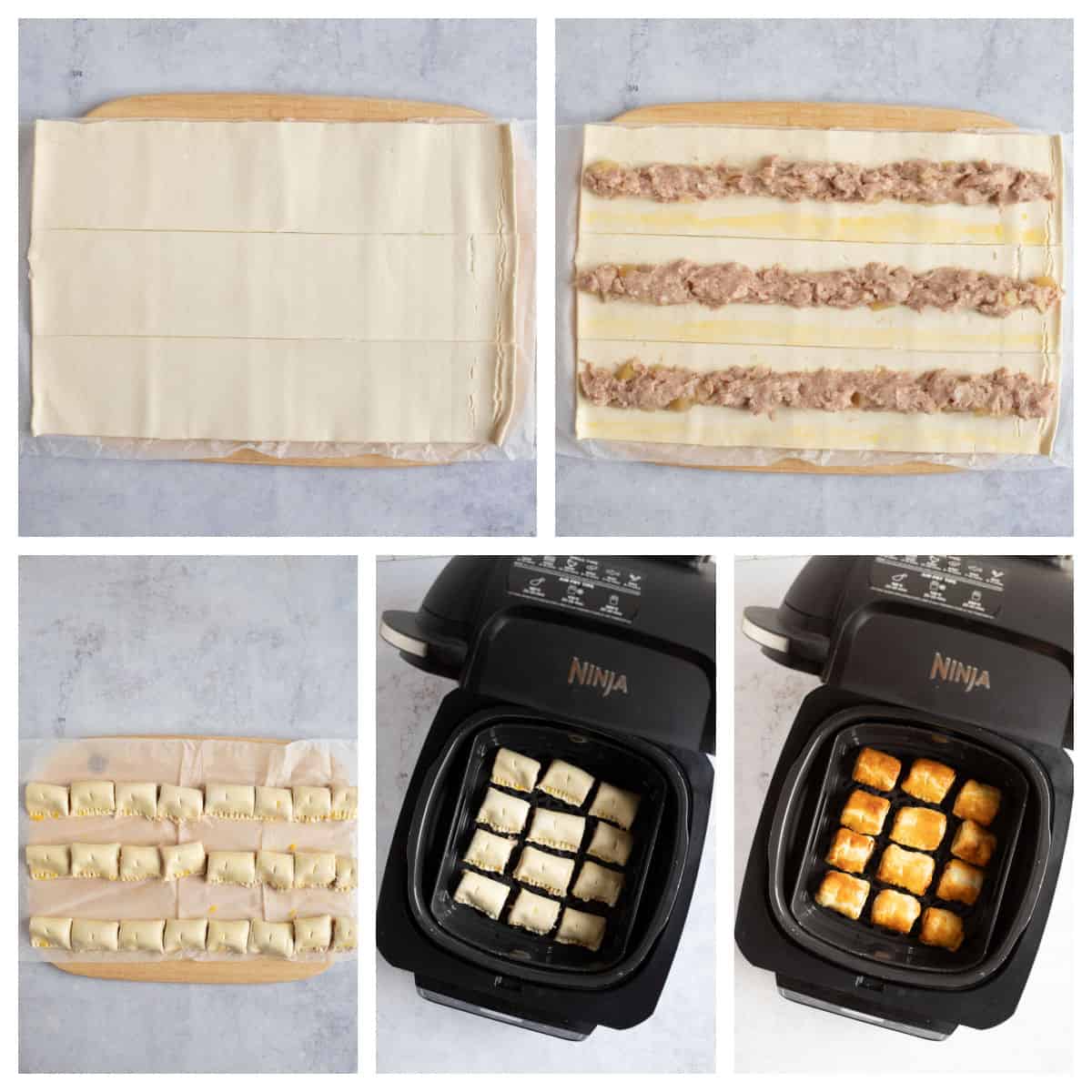 Step by step process photos for making and cooking sausage rolls in an air fryer.