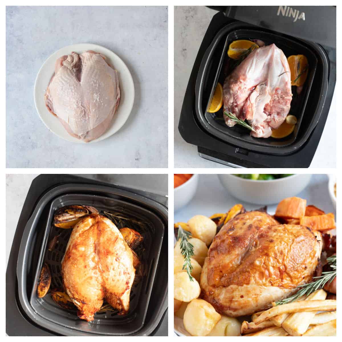 Step by step photo instructions for air frying a turkey crown.