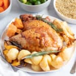 Air fryer turkey crown with roast potatoes and parsnips.