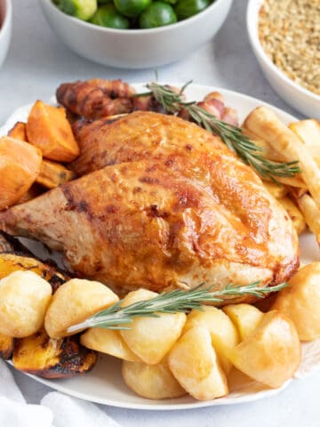 Air fryer turkey crown with roast potatoes and parsnips.