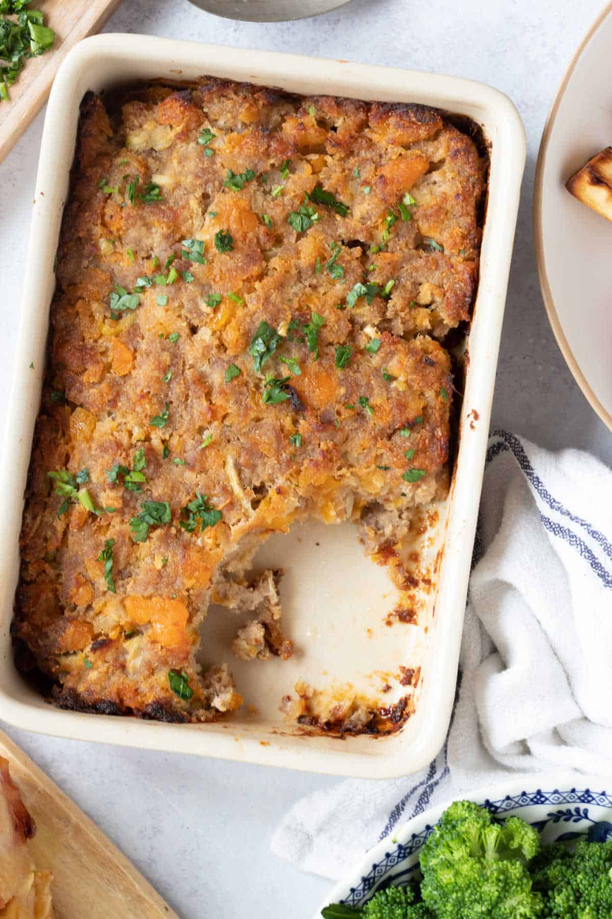 Apricot stuffing in a baking dish.