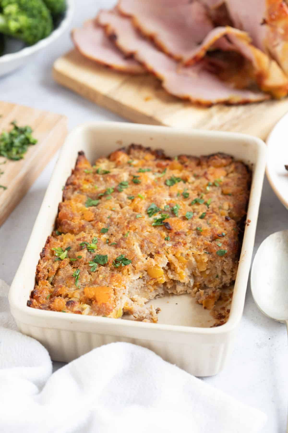 Apricot stuffing in a serving dish.