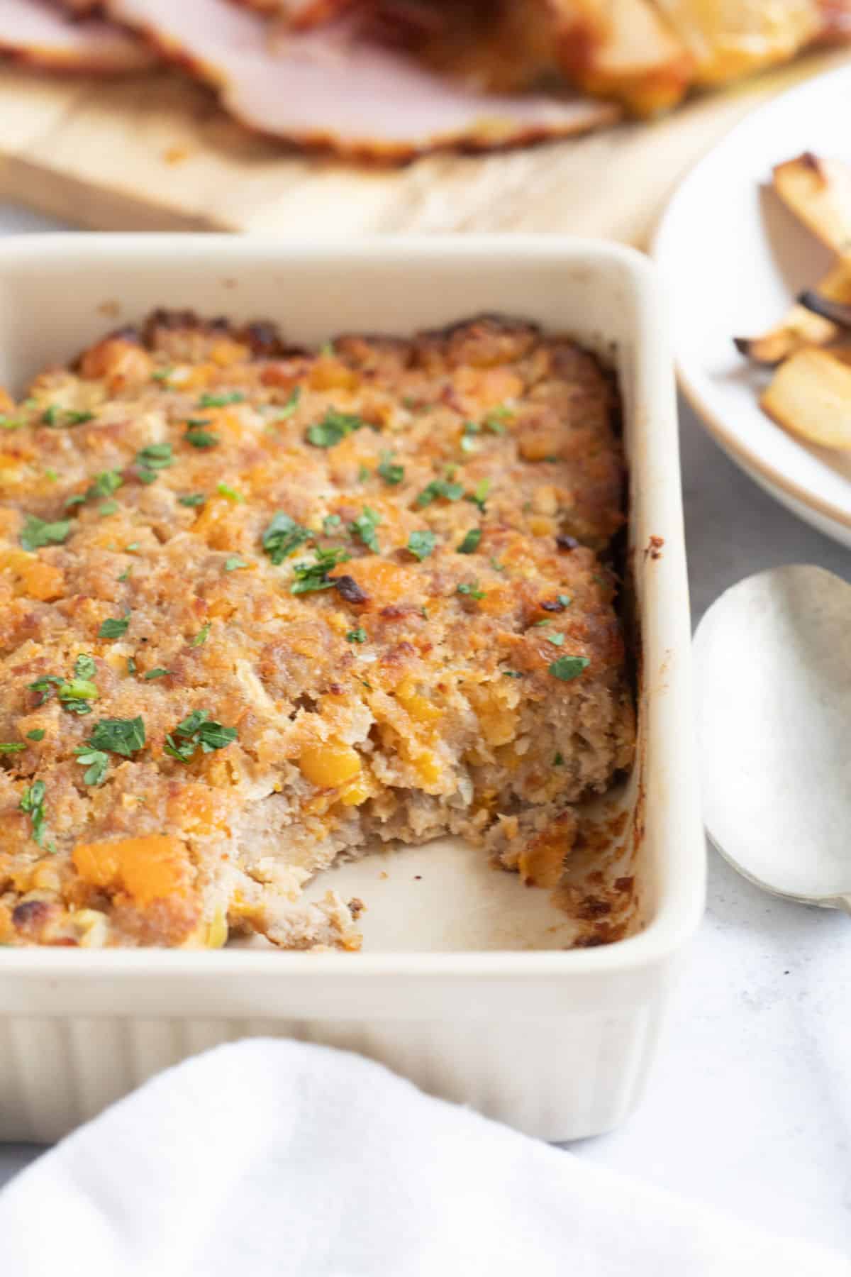 Apricot stuffing in a baking dish.