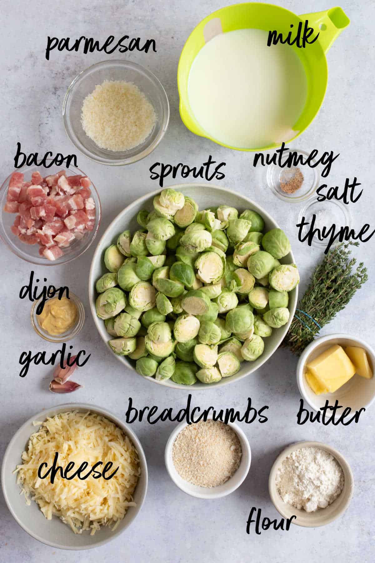 Ingredients for Brussels sprout gratin.