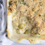 Brussels sprout gratin with breadcrumb topping.