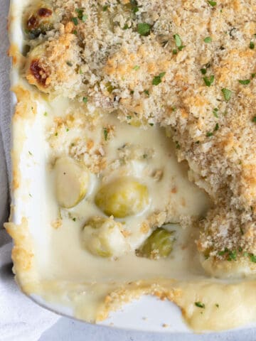 Brussels sprout gratin with breadcrumb topping.