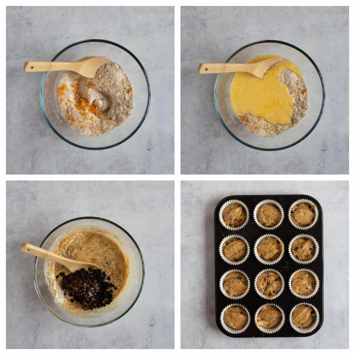 Step by step process photos for making Christmas muffins.