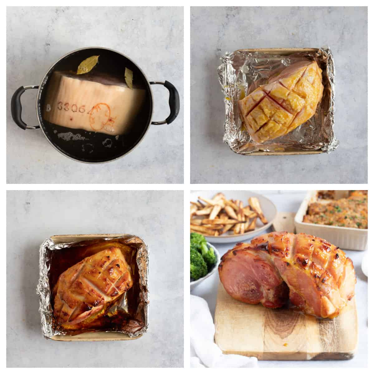 Step by step process photos for making honey roast gammon.
