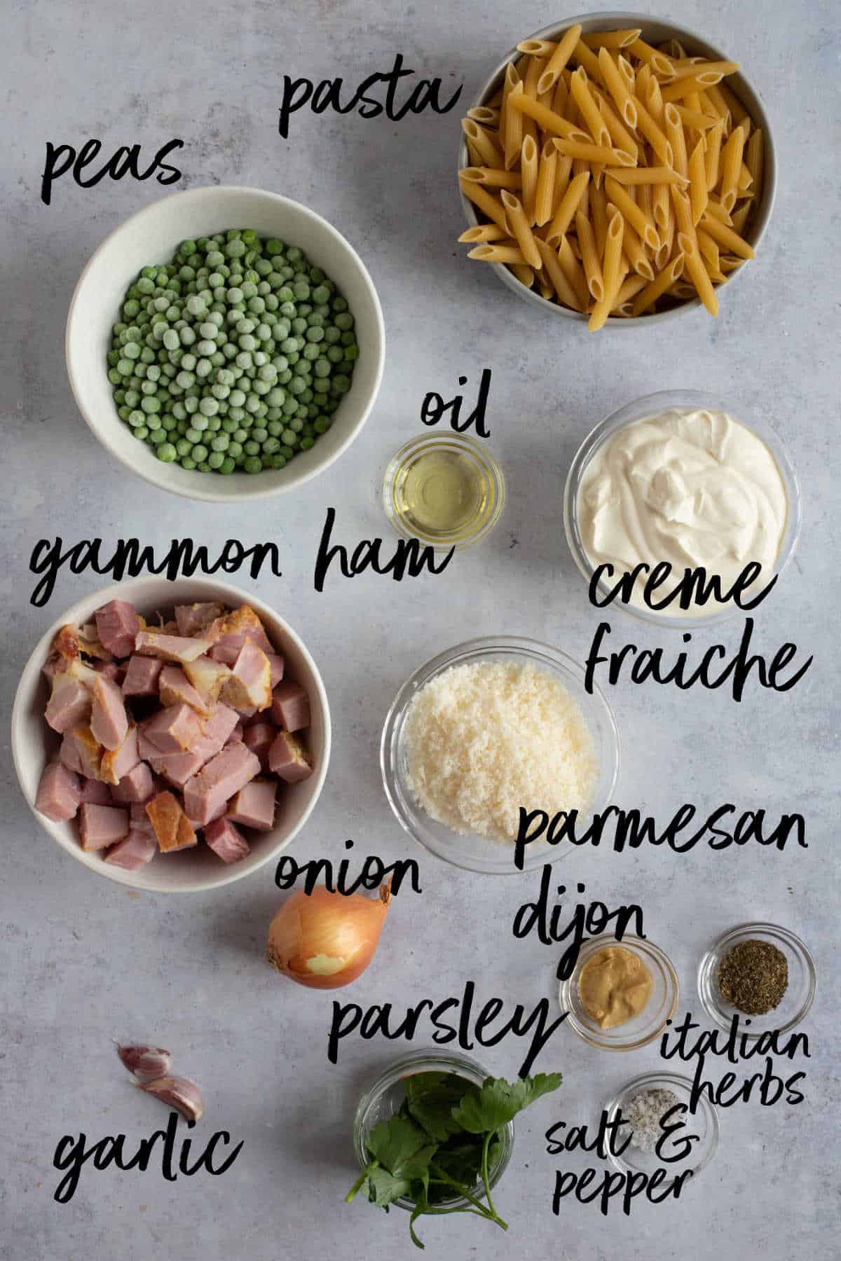 Ingredients for leftover gammon pasta.