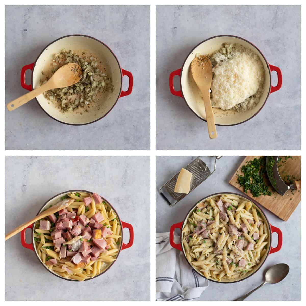 Step by step process photos for making leftover ham pasta.